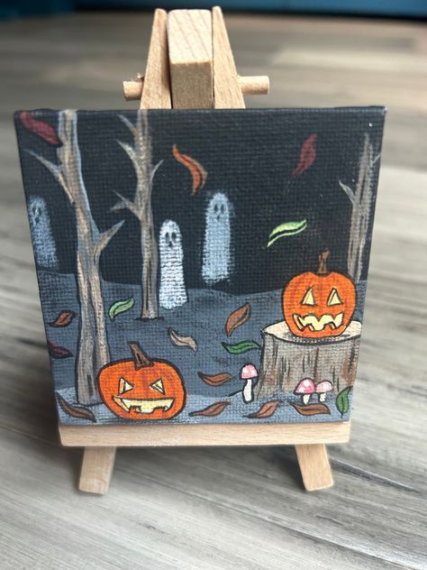 Hand-painted mini canvas, spooky forest, easel included!🎃 Halloween Art Inspo Easy, Tiny Canvas Painting Halloween, Magnet Canvas Painting Ideas, Mini Canvas Art Ideas Easy, Tiny Canvas Ideas, Spooky Canvas Painting Ideas Easy, Cute Halloween Paintings On Canvas, Spooky Drawing Ideas, Halloween Paintings On Canvas Easy