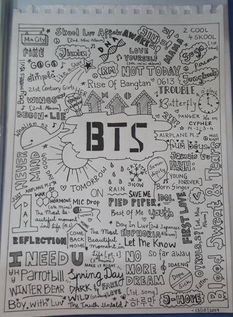 It does not include all of their songs...I am still working on the rest ;) Kpop Things To Draw, Songs As Drawings, Bts Related Drawings, Song Painting Ideas, Kpop Doodle Art, Aesthetic Drawing Sketches Simple, Bts Art Drawing, Bts Doodle Art, Cover For Diary