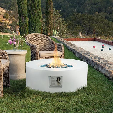 Outdoor Propane Firepit Table Set, 30 Inch Auto-Ignition Round Gas Fire Pit, 50,000 BTU Steel Fire Table w/Weather-Resistant Pit Cover, Lava Rocks, No Tank Holder, White Round Propane Fire Pit, Bonfire On The Beach, Firepit Table, Outdoor Propane Fire Pit, White Patio, Propane Fire Pit Table, Patio Heaters, Gas Fire Pit, Roasting Marshmallows