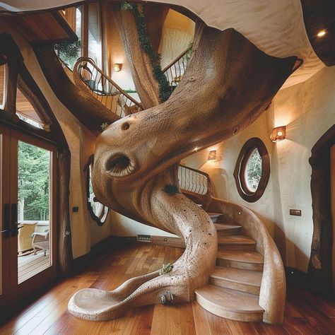 Step into a world of enchantment with our indoor spiral staircase, where each step winds around a living tree trunk. Crafted from rustic timber, this staircase brings the whimsy of a treehouse into your home, perfect for connecting levels or adding a touch of magic to any space. Conceptual AI Art Follow @ecosapiens for more! Log Spiral Staircase, Gothic Spiral Staircase, Organic Stairs, Unique Stairs, Amazing Staircases, Staircase Slide, Hemp Art, Downloadable Woodworking Plans, Bonus Room Ideas