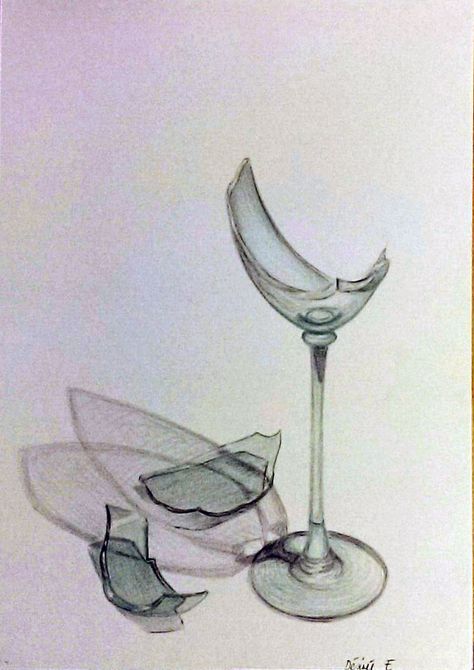 Glass Shard Tattoo, Broken Wine Glass Sketch, Broken Glass Sketch, Broken Glass Painting, Wine Glass Drawing, Wine Glass Tattoo, Graphite Art, Spilled Wine, A Level Art Sketchbook