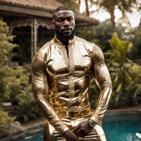 Golden Pants, Pvc Pants, Metallic Fashion, Beautiful Guys, Bodybuilding Pictures, 7 Sins, Black Dude, Silk Suits, Slay Outfits