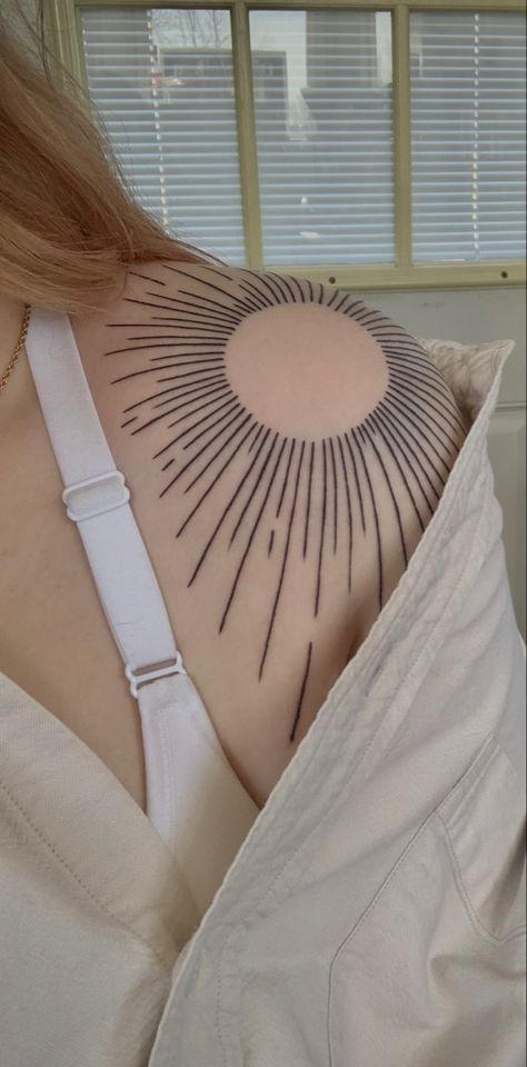 Elbow Cap Tattoo, Starburst Chest Tattoo, Negative Space Sun Tattoo, Sun Throat Tattoo, Shoulder Circle Tattoo, Sunburst Tattoo Shoulder, Soulshine Tattoo, Spiral Shoulder Tattoo, Circle Shoulder Tattoo