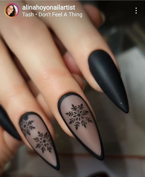 December Nail Designs Acrylic, Unique Matte Nails, Black And Opal Nails, Winter Nail Designs Black, Yule Nails Winter, Witchy Winter Nails, Pagan Yule Nails, Gothic Winter Nails, Witchy Christmas Nails