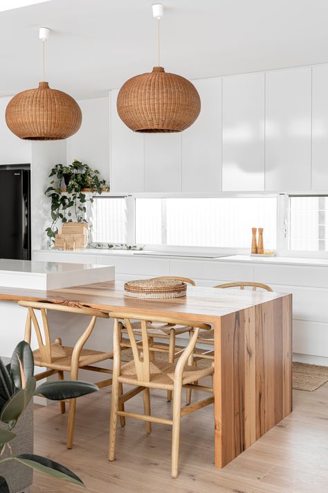 Kitchen Island Bench Overhang, Island Bench Kitchen Table, Island Bench And Dining Table, Long Island Bench Kitchen, Island Bench Dining Table Combo, Island Bench With Table Attached, Kitchen Bench Dining Table, Timber Island Bench Kitchen, Wooden Waterfall Island