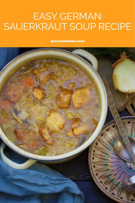 If you're itching for a warm and hearty meal, this easy sauerkraut soup recipe is just what you need! Perfect for chilly days, this German-inspired cabbage soup is loaded with flavor and nutrients. Using simple ingredients, you can whip up a delicious pot of sauerkraut soup that will have everyone asking for seconds. Whether you're a fan of German cuisine or just looking to try something new, this tasty soup is a comforting dish you won't soon forget. Get ready to savor every spoonful! Saurkraut Recipes Soup, German Sauerkraut Soup, Sour Kraut Soup, German Sauerkraut Soup Recipe, Sauerkraut Soup Recipes, German Cabbage Soup Recipe, Easy Sauerkraut, German Soup, German Cabbage