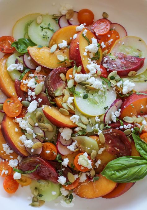 tomato, cucumber, and peach salad Meditranian Recipes, Tomato Cucumber Salad, Salad Vegetarian, Mediterranean Diet Recipes Dinners, Basil Vinaigrette, Easy Mediterranean Diet Recipes, Tomato Cucumber, Peach Salad, Diet Recipes Flat Belly