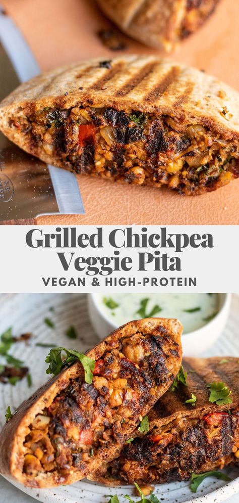 Grilled Chickpea Veggie Pitas - za’atar spiced chickpea filling, stuffed into whole grain pitas then grilled until the outside is crispy. High protein, high fiber, and highly nutritious meal that will keep you satisfied. Chickpea Filling, Veggie Pita, High Protein High Fiber, High Protein Vegetarian Recipes, Pork Sandwiches, Za Atar, High Protein Vegan, Tasty Vegetarian Recipes, Vegan Sandwich