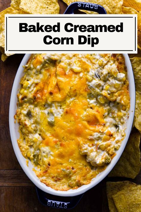 This Baked Creamed Corn Dip is incredibly easy to make and incredibly hard to keep around for more than 30 minutes because it’s THAT good and that simple. It's a cheesy, creamy combination of flavors and corn that's baked until golden and bubbly and dig in. A great appetizer for any get together but especially game day or as part of a party spread. Cream Corn Dip, Corn Dip Recipe Cream Cheese, Jalapeno Corn Dip With Cream Cheese, Easy Corn Dip With Cream Cheese, Baked Corn Dip With Cream Cheese, Creamy Cheesy Hot Corn Dip, Sweet Corn Fritters, Hot Corn Dip, Bubble Recipe