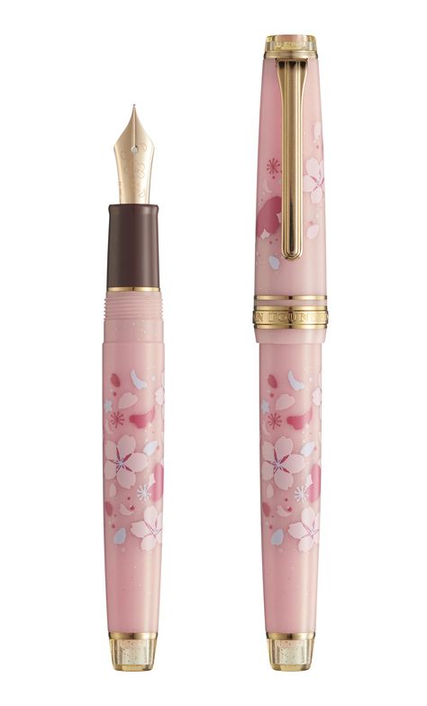 Fancy Cherry Blossom Notebook and Fountain Pen to be Released by PLUS and SAILOR | MOSHI MOSHI NIPPON | もしもしにっぽん Pink Fountain Pen, Pretty School Supplies, Sailor Pens, Stylish Pens, Cute Stationary School Supplies, Fancy Pens, Cute School Stationary, Makeup Accesories, Pink Water