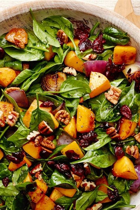 Roasted Butternut Squash with Onions, Spinach, and Craisins® | "This is a keeper. I served this at Thanksgiving and it was delicious." #thanksgiving #thankgivingrecipes #thanksgivingsidedishes Butternut Roasted, Roasted Salad, Cold Side Dishes, Salad Spinach, Winter Salad Recipes, Butternut Squash Salad, Spinach Salad Recipes, Squash Salad, Warm Salad