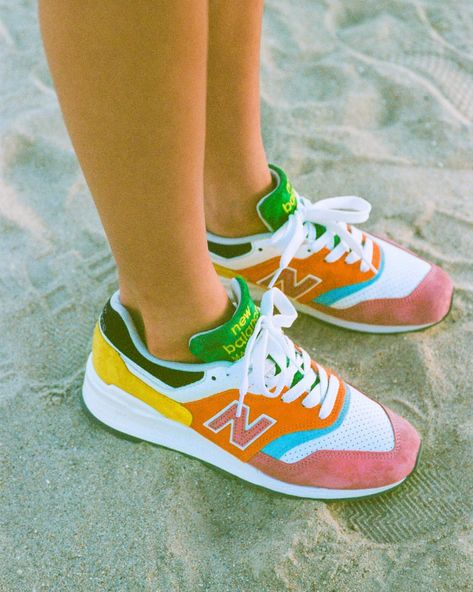 New Balance x Staud Collaboration Colorful New Balance Shoes, New Balance Colorful, New Balance Shoe, Shoe Aesthetic, Zapatillas New Balance, Rainbow Sneakers, Popular Sneakers, Balance Sneakers, New Balance Sneakers