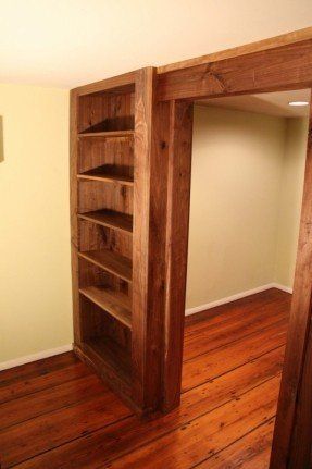 Walnut Bookcase Wall and Door (been considering walling off the Sliding Bookcase Door, Sliding Bookcase, Bookcase Door Diy, Sliding Door Bookcase, Hidden Door Bookcase, Walnut Bookcase, Bookcase Diy, Sliding Wall, Bookcase Door