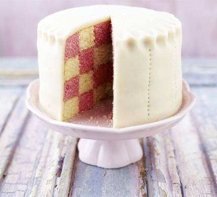 Pink and White Checkerboard Cake Marzipan Icing, Battenberg Cake, Checkerboard Cake, Pinata Cake, Pink Food Coloring, Natural Food Coloring, Bbc Good Food, Mary Berry, Pink Foods