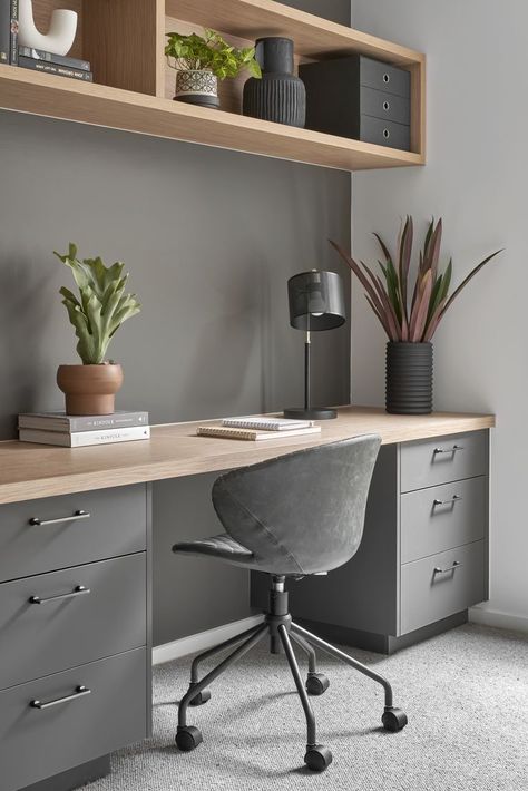 Explore 21 Trendsetting Desks with Drawers for 2024 - Innovate Your Space - placeideal.com Study Room Decor Dark, Grey Study Room, Trendy Bed Designs, Office Room Ideas Home For Men, Light Grey Office, Husbands Office, Office Cupboard Design, Home Study Ideas, Men Home Office Ideas