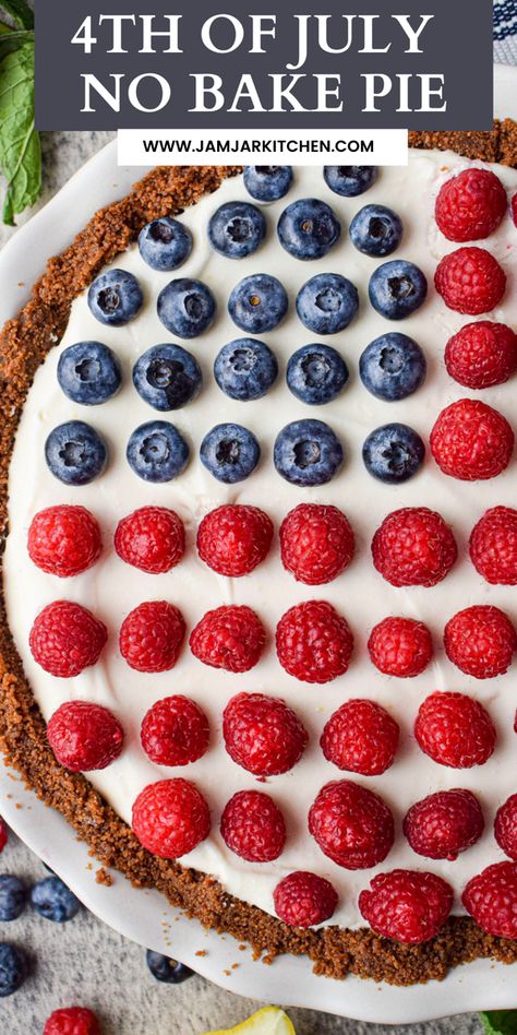 Easy summer dessert Memorial Day red white and blue lemon icebox pie Fourth Of July Pie, 4th Of July Pie Recipes, 4th Of July Pie, Healthy Whipped Cream, Fruit Flag, Patriotic Pie, No Bake Pie, Triple Berry Pie, Healthy Pies