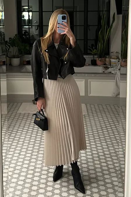 fall date night outfit - maxi skirt, tall boot, leather jacket 🖤 (the black skirts here come in a toasted ivory color too if you click them) Maxi Skirt Boots Outfit, Maxi Pleated Skirt Outfit, Midi Pleated Skirt Outfit, Leather Pleated Skirt Outfit, Pleated Leather Skirt Outfit, Pleated Maxi Skirt Outfit, Skirt Boots Outfit, Black Pleated Skirt Outfit, Pleated Skirt Winter