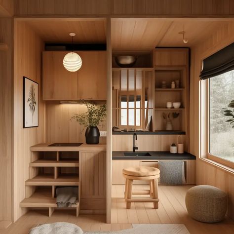 Japandi meets tiny house: the perfect match! Japanese Tiny Apartment Design, Tiny House Design Cabin, Japan Tiny Apartment, Japan House Interior Design, Japanese Cabin Interior, Japanese Small House Interior, Small Tiny House Design, Japandi Tiny Apartment, Japandi Tiny House