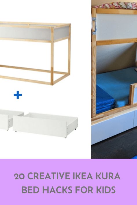 Ikea Kura Twin Over Full Hack, Kura Bed With Queen Under, Kuro Bed Ikea, Storage Under Kura Bed, Ikea Kura Bed Hack For Two, Ikea Kura Bed Hack Drawers, Ikea Kura Bed Hack Twin Over Full, Kura Bed In Small Room, Kura Drawers