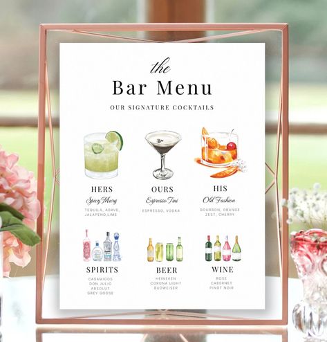 Planing Wedding, Engagement Party Bar, Classy Reception, Bartending Business, Drink Menu Template, Engagement Brunch, Bar Menu Template, Beer Truck, Bar Menu Wedding