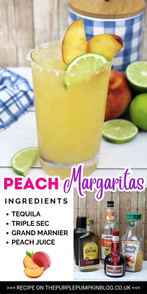 Peach Margarita Recipe On The Rocks, Peach Juice Cocktail, Peach Margarita Recipe, Tequila Cocktails Easy, Margarita Ville, Peach Margarita Recipes, Peach Margaritas, Vacation Drinks, Tequila Recipes