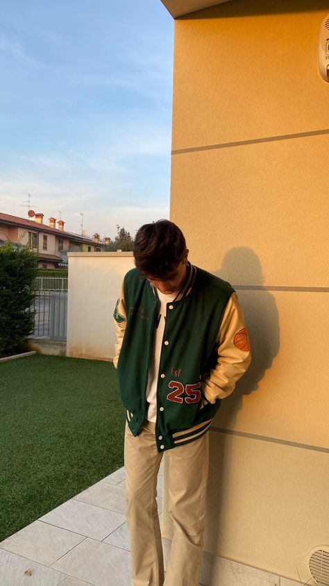 Letter Jacket Outfit Men, Varsity Jacket Outfit Aesthetic Men, Men’s Varsity Jacket Outfit, Brown Varsity Jacket Outfit Men, Green Varsity Jacket Outfit Men, Letter Man Jacket Outfits, Green Varsity Jacket Outfit, Jersey Jacket Outfit, Varsity Jacket Outfit Mens