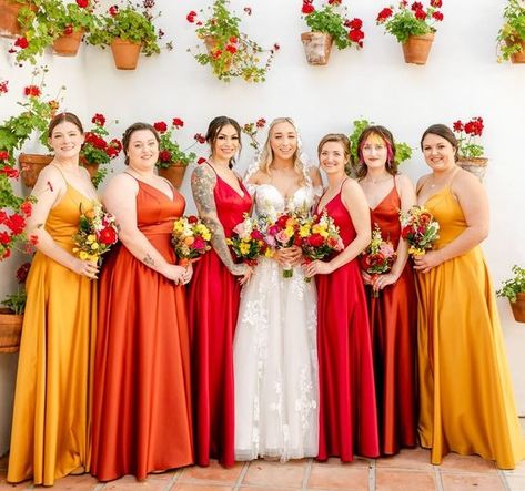 Yellow and Red Wedding Color Palettes 2024, Mismatched Yellow and Red Bridesmaid Dresses, Yellow and Red Wedding Bouquets Red Pink Yellow Wedding, Red Yellow Wedding Theme, Red And Yellow Wedding Theme, Red Yellow Wedding, Red And Yellow Wedding, Bridesmaid Dresses Yellow, Pink Yellow Weddings, Yellow Wedding Bouquet, Yellow Wedding Theme