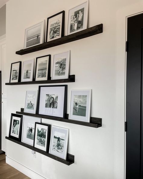 Photo Frame Shelf Display, Photo Wall Ideas Entryway, Black Photo Ledge, Living Room Family Picture Wall, Photo Wall Ideas Bedroom, Photo Shelf Display, 8x10 Photo Wall Display Ideas, Wall Photo Frame Ideas, Black And White Entryway