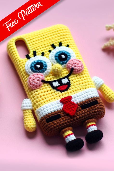 SpongeBob Crochet Phone Case Free Crochet Phone Case Pattern, Crochet Phone Case Pattern Free Iphone, Crochet Phone Accessories, Crochet Phone Pouch Free Pattern, Crochet Phone Case Pattern Free, Spongebob Diy, Spongebob Crochet, Crochet People, Diy Dog Shampoo