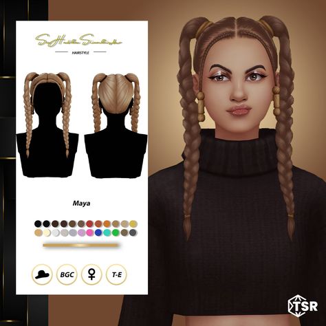 braids Sims 4 Braided Pigtails, Two Braids Pigtails, Braids Pigtails, Feminine Hair, Braided Pigtails, Ts4 Hair, Masculine Clothing, 4 Braids, Sims 4 Cc Folder