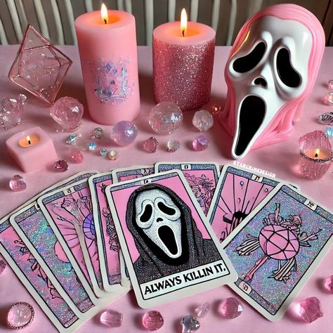 Pink Demon Aesthetic, Tarot Cards Wallpaper, Tarot Deck Aesthetic, Halloween Tarot Cards, Tarot Card Aesthetic, Bubblegum Witch, Tarot Cards Aesthetic, Disco Halloween, Halloween Tarot