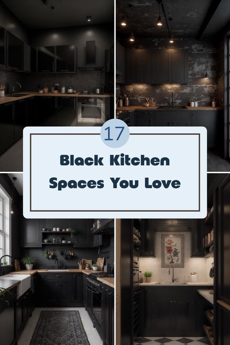 This pin showcases 4 unique spaces of stylish black kitchens enhanced with wooden accents, showcasing small yet functional designs. Explore how black cabinets and open shelving come together in modern layouts perfect for smaller homes. Black Cabinets With Black Backsplash, Tile And Cabinet Combinations, Black Kitchen Cabinets And Backsplash, Black Lower Cabinets White Upper Small Kitchen, Black Cabinets White Backsplash, Kitchen Beige Tiles, Black Countertops Black Cabinets, Black Cabinets Kitchen Butcher Block, Black Kitchen Ikea