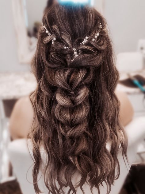 Braided Wedding Hairstyles Brunette, Bridal Hair Curled With Braid, Fall Wedding Hairstyles Boho, Hair Vine Wedding Braid, Fishtale Wedding Hair, Boho Wedding Hair Half Up Crown Braids, Half Up Half Down Braided Hairstyles Wedding, Romantic Wedding Hair Half Up Braids, Bridal Hairstyles Braid Half Up