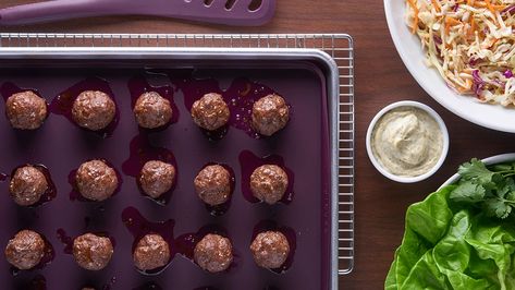 Sheet Pan Easy Asian Meatballs | Epicure.com Meatloaf Seasoning Recipe, Asian Lettuce Wraps, Roasted Garlic Aioli, Asian Meatballs, Epicure Recipes, Asian Stir Fry, Gluten Free Soy Sauce, Ground Meat Recipes, Meatball Ingredients