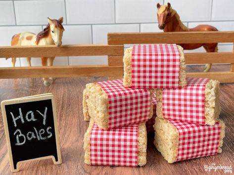 Farm Theme Party Snacks, Farm Rice Krispie Treats, Barnyard Party Snacks, Hay Bales Rice Krispie Treats, Hay Bale Rice Crispy Treats, Farmyard Party Food, Simple Farm Party, Rodeo Party Snack Ideas, Rice Crispy Hay Bales