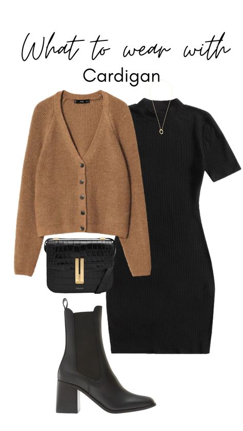 Black And Brown Wardrobe, Black Dress Brown Jacket Outfit, Brown Dress With Cardigan, Brown Cardigan Outfit Women, Black Dress Brown Boots Outfit, Outfits With Brown Cardigan, Black Dress Cardigan Outfit, How To Style Brown Cardigan, Black Dress With Cardigan Outfit