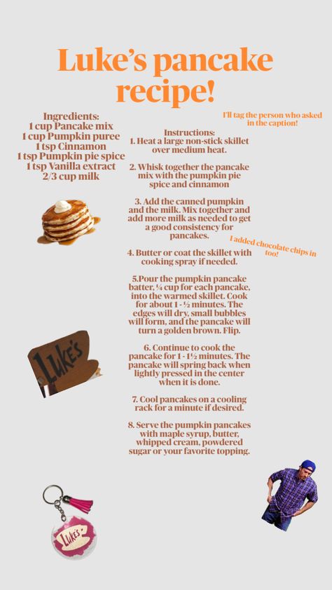 #recipe #fyp #lukes #fall #autumn #gilmoregirls #food #breakfast @Leanee1317 Lukes Pumpkin Pancakes Recipe, Gilmore Girls Cookbook, Lukes Pumpkin Pancakes, Luke’s Pumpkin Pancakes, Gilmore Girls Recipes, Gilmore Girls Food, Pumpkin Pancake Recipe, Homemade Cookbook, Halloween Treats Easy