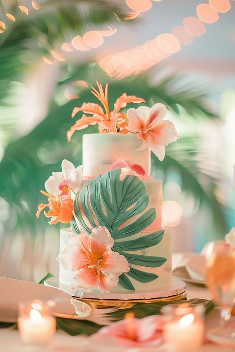 Tropical Cake Ideas, Navy Wedding Cakes, Tropical Wedding Cakes, Hawaiian Cakes, Elegant Navy Wedding, Hawaii Wedding Cake, Tropical Cakes, Tropical Bride, Tropical Cake