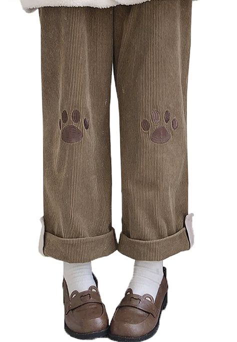 Paw Embroidery, Corduroy Wide Leg Pants, Embroidery Japanese, Cat Paw, Swaggy Outfits, Pants Casual, Casual Trousers, Mode Vintage, Cool Clothes