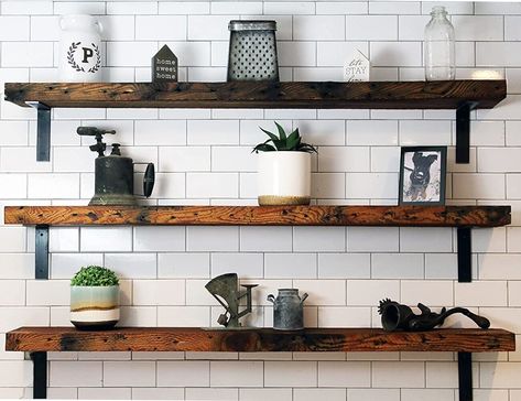 Gorgeous shelving for any room in your home 🥰 Black Floating Shelves Kitchen, Farmhouse Shelving, Farmhouse Decoration Ideas, Rustic Kitchen Shelves, Farmhouse Kitchen Shelves, Wood Shelves Kitchen, Wood Wall Shelves, Diy Farmhouse Ideas, Barn Wood Wall