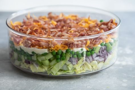 Seven Layer Salad | Culinary Hill Dinner Veggies, Lettuce Salads, Low Carb Veggie, Frozen Cooked Shrimp, 7 Layer Salad, Potluck Salad, Layer Salad, Seven Layer Salad, Simple Snacks