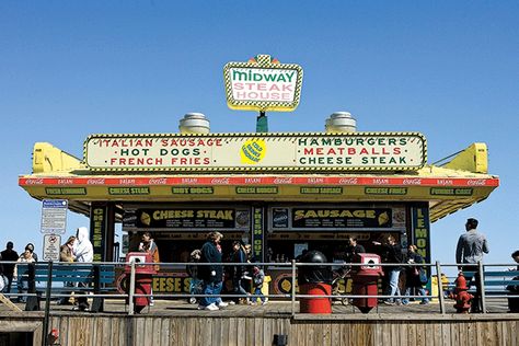 Midway Steak House, Seaside Heights boardwalk. Boardwalk Food, Seaside Heights Boardwalk, Seaside Heights Nj, Nj Beaches, Seaside Park, Seaside Heights, Seaside Beach, Sleeping Under The Stars, Drive In Movie