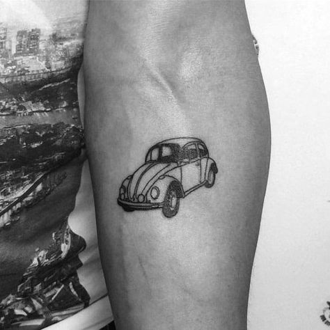 Small Inner Forearm Mens Tattoo With Volkswagen Wv Design Vw Beetle Tattoo Simple, Punch Buggy Tattoo, Volkswagen Tattoo Ideas, Beetle Car Tattoo, Volkswagen Bug Tattoo, Volkswagen Beetle Tattoo, Vw Tattoo Ideas, Vw Beetle Tattoo, Vw Bug Tattoo