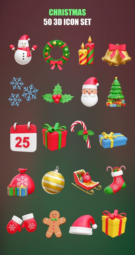 Christmas 3D Icon Illustrations Perfect for your christmas design theme. Christmas Illustration Design, Icon Illustrations, Christmas Props, Art Deco Illustration, Christmas Illustrations, Christmas 3d, Christmas Decorations For Kids, Food Graphic Design, Design Theme