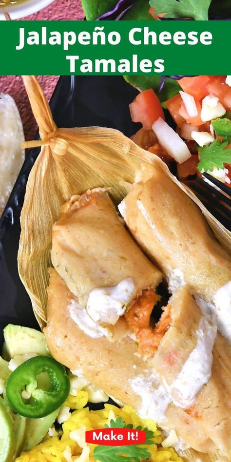 Cheese and Jalapeno Tamales are the perfect solution for a vegetarian Mexican classic. Making a small batch means you can have tamales on the table tonight! Bean And Cheese Tamales Recipe, Bean And Cheese Tamales, Crockpot Tamales, Jalapeno Tamales, Latina Recipes, Cheese Tamales Recipe, Tamale Recipes, Cheese Tamales, Easy Tamales