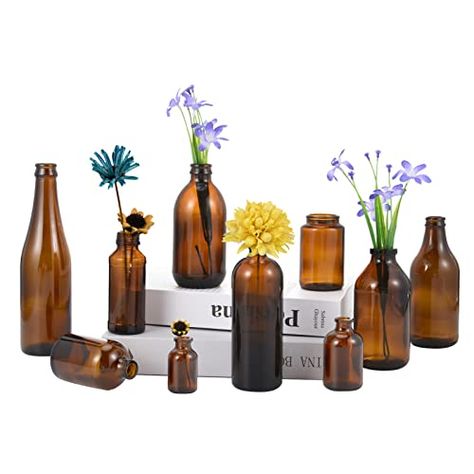 Amber Bud Vase, Glass Bouquet, Amber Glass Vase, Glass Vases Centerpieces, Brown Glass Bottles, Centerpiece Home, Glass Vase Decor, Bouquet Vase, Bottle Centerpieces