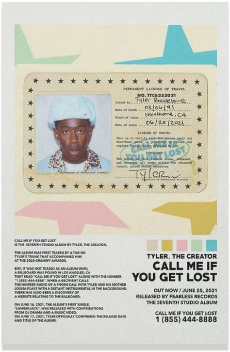 call me if you get lost tyler, the creator aesthetic album cover color swatches theme ID card pastel stars Tyler Baudelaire, College Posters, Album Cover Wall Decor, Wallpaper Collages, Anniversary Photo Album, Bubble Yum, College Poster, Lost Poster, Tyler The Creator Wallpaper