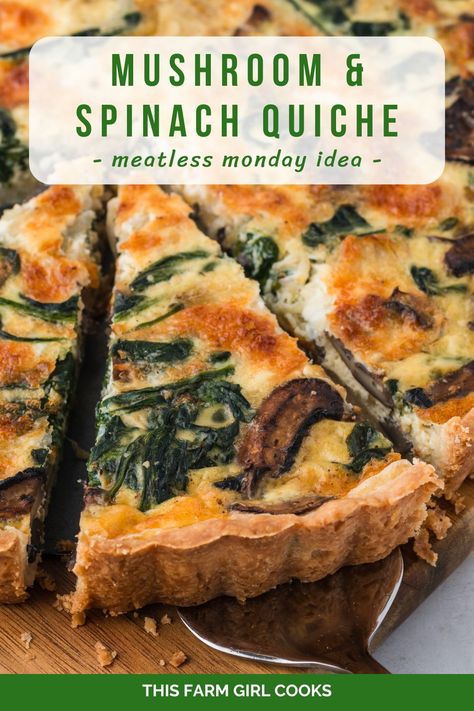 This spinach and mushroom quiche is a perfect combination of earthy mushrooms, tender spinach, and sweet caramelized onions baked in a creamy, cheesy custard. Each bite is a nice balance of sweet and savory, making this a great breakfast or brunch dish or option for meatless Monday! Mushroom Quiche Recipes, Spinach Mushroom Quiche, Spinach And Mushroom Quiche, Spinach Artichoke Mushroom Quiche, Vegan Spinach Mushroom Quiche, Spinach Mushroom Quiche With Crust, Spinach And Mushroom Quiche Crustless, Spinach Quesadilla, Sausage Quiche Recipes