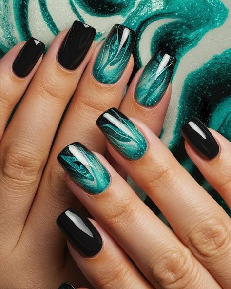 Teal Nail Art Designs, Black Teal Nails, Teal Nails Fall, Turquoise Black Nails, Turquoise Prom Nails, Black And Teal Nail Designs, Black And Turquoise Nails, Teal Nails Turquoise, Turquoise And Black Nails