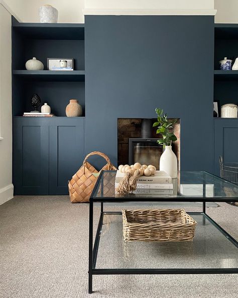 Mdf alcove shelving in farrow and ball Hague Blue @Hollybushhome Farrow And Ball Living Room, Alcove Cabinets, Alcove Shelving, Navy Living Rooms, Snug Room, Hague Blue, Living Room Wall Color, Decor Fireplace, Living Room Decor Fireplace